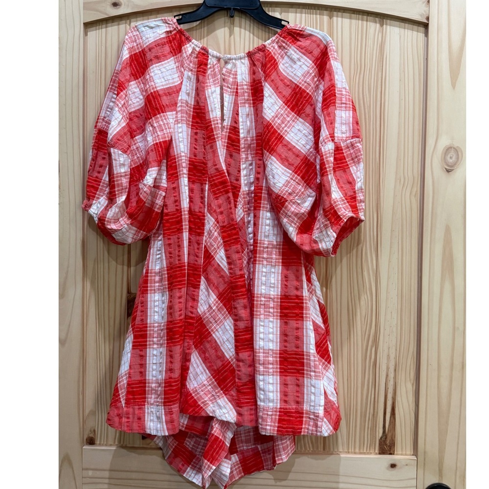 Free People Red White Plaid Dobby Mini Jumper Puff Sleeve V-Neck OB2097095
